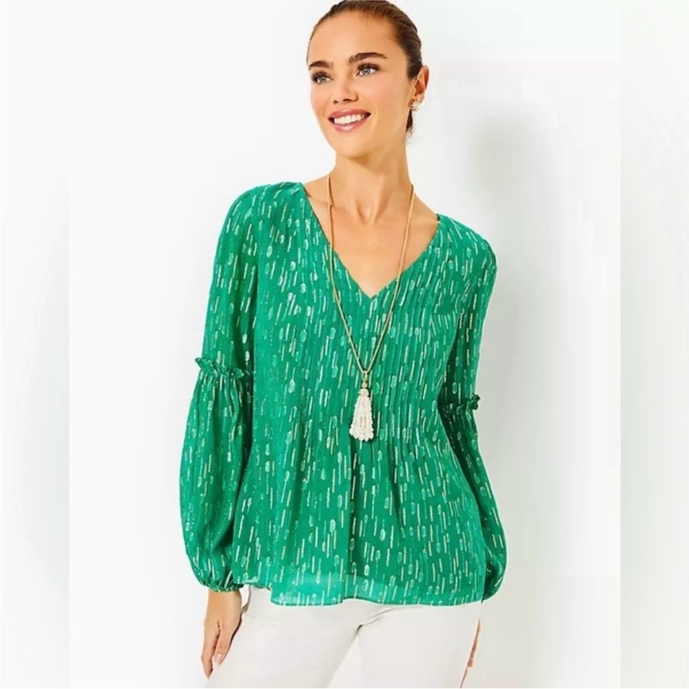 New Lilly Pulitzer Cleme Long Sleeve Top Size 10 Metallic Clip Blouse NWT